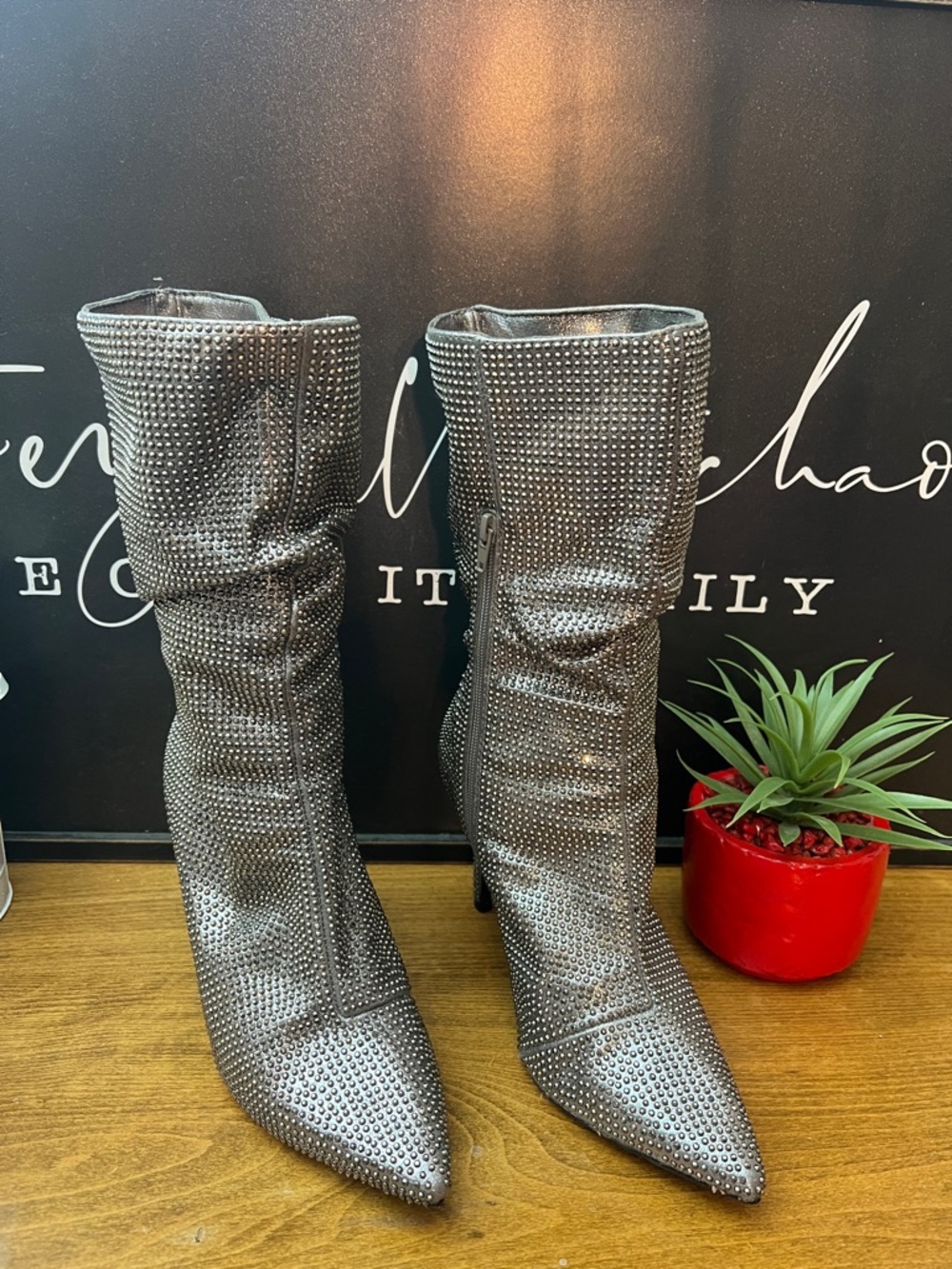 Thalia Sodi Roquell Studded Pointed-Toe Mid-Calf Boots in Gunmetal